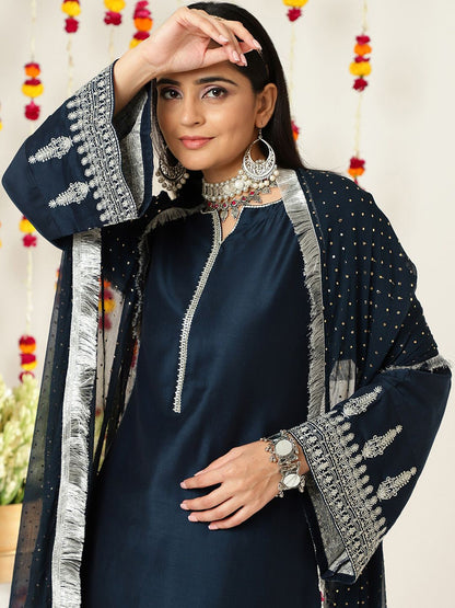 Dhiyona VA Women'sEthnic Motifs Zari Embroidered Regular Kurta With Trousers & With Dupatta