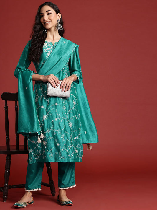 Dhiyona IE Floral Embroidered Thread Work Kurta With Trousers & Dupatta