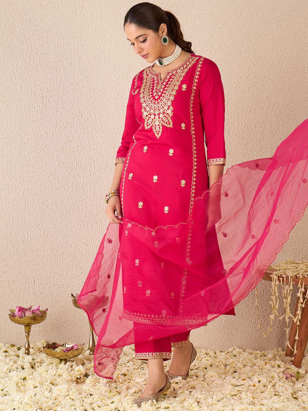 Embroidered Gotta Patti Work Notch Neck Kurta With Trousers & Dupatta