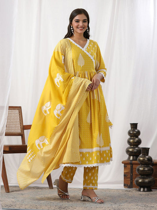 Dhiyona IS Women's Ethnic Motifs Printed Angrakha Thread Work Pure Cotton Kurta with Trousers & Dupatta