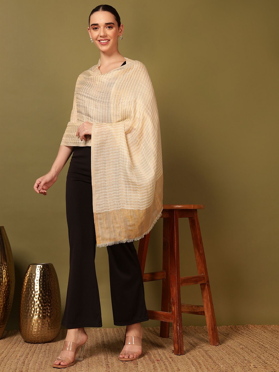 Dhiyona PA Striped Woven Design Woolen Reversible Shawl