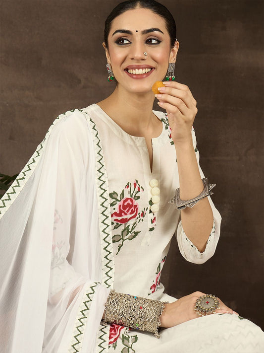 Dhiyona IE Women Floral Printed Cotton Kurta with Trousers & With Dupatta