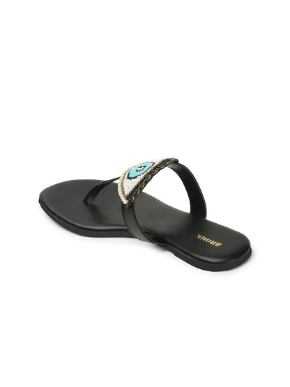 Dhiyona AK Black & Blue Evil Eye Embellished Classic T-Strap Flats