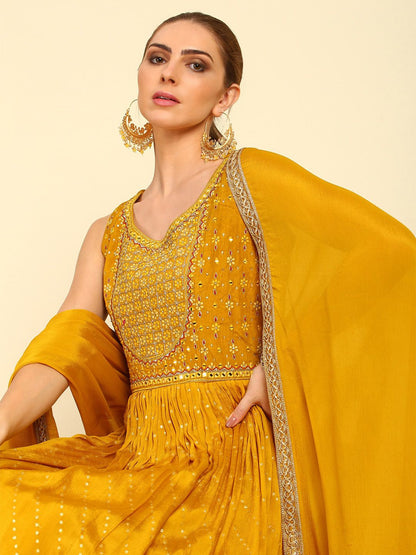 Dhiyona SO Women's Mustard Yellow Floral Embroidered Sequinned Anarkali Kurta with Churidar & Dupatta
