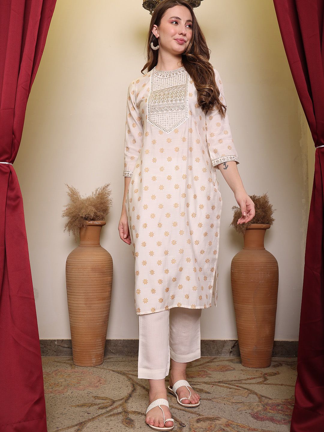 Dhiyona PD Women Embroidered Printed Round Neck Three-Quarter Sleeves Straight Kurta Set