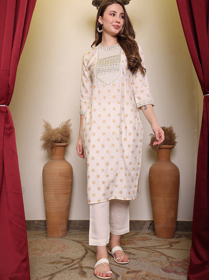 Dhiyona PD Women Embroidered Printed Round Neck Three-Quarter Sleeves Straight Kurta Set