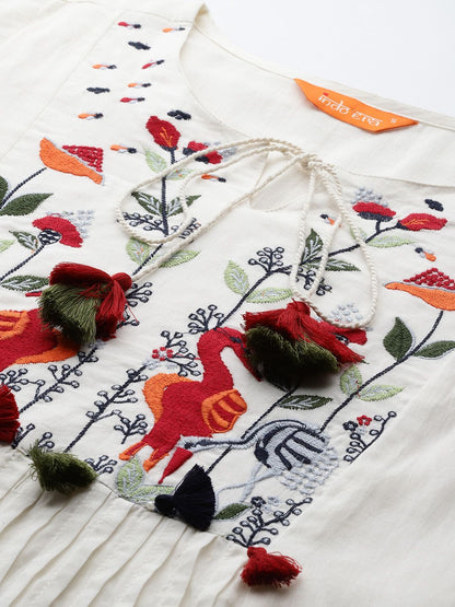 Floral Embroidered Panelled Thread Work Pure Cotton Kurta with Trousers