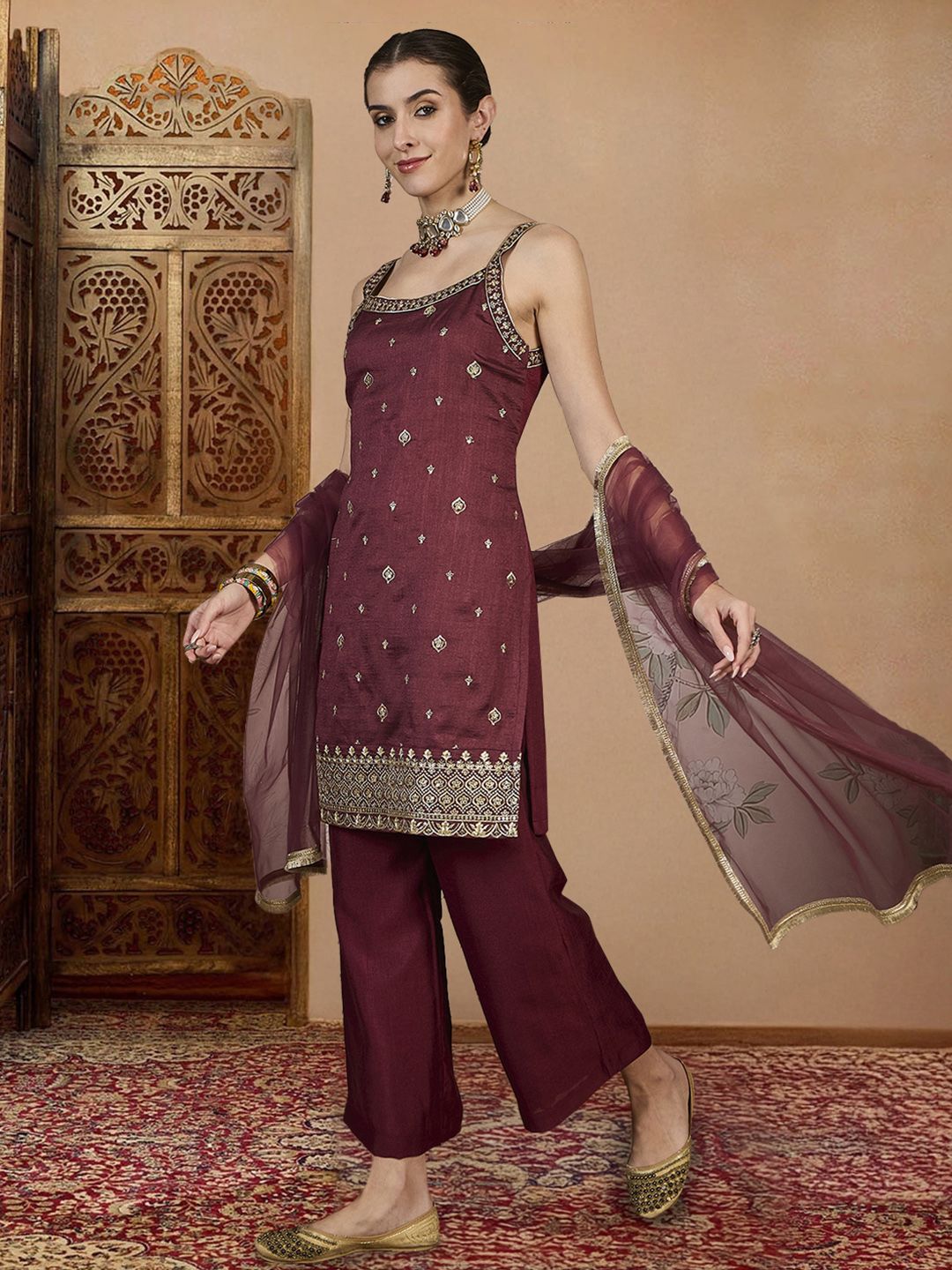 Dhiyona PD Women Embroidered Kurta, Palazzo & Dupatta Set