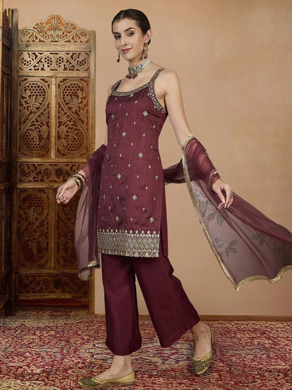 Dhiyona PD Women Embroidered Kurta, Palazzo & Dupatta Set