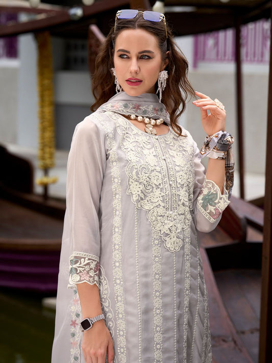 Floral Embroidered Sequinned Straight Kurta with Trouser & Dupatta