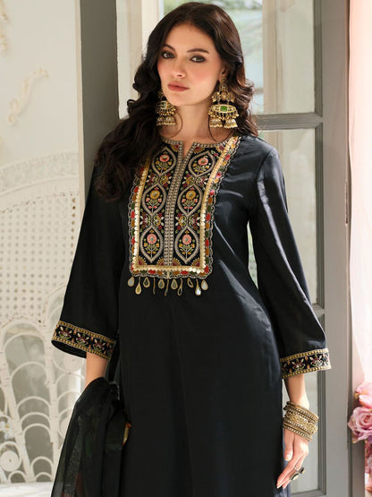 Floral Yoke Design Panelled Sequinned A-Line Kurta With Trousers & Dupatta
