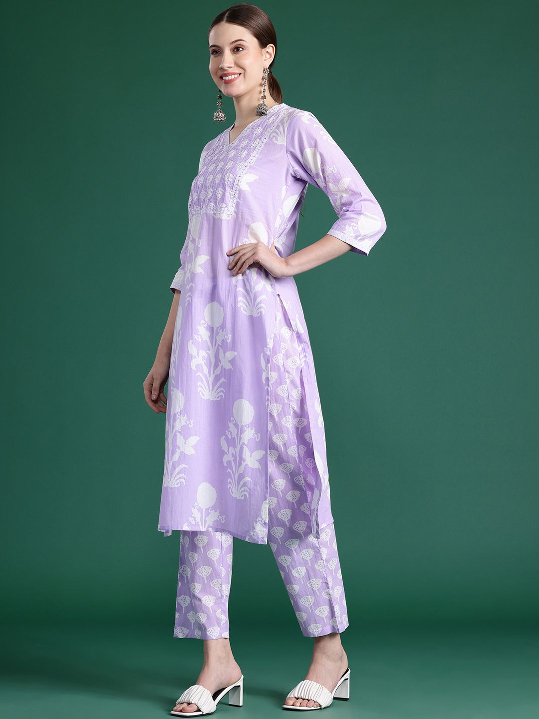 Dhiyona IE Floral Printed Sequinned Pure Cotton Kurta With Trousers & Dupatta