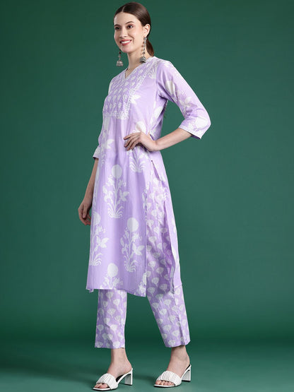 Dhiyona IE Floral Printed Sequinned Pure Cotton Kurta With Trousers & Dupatta