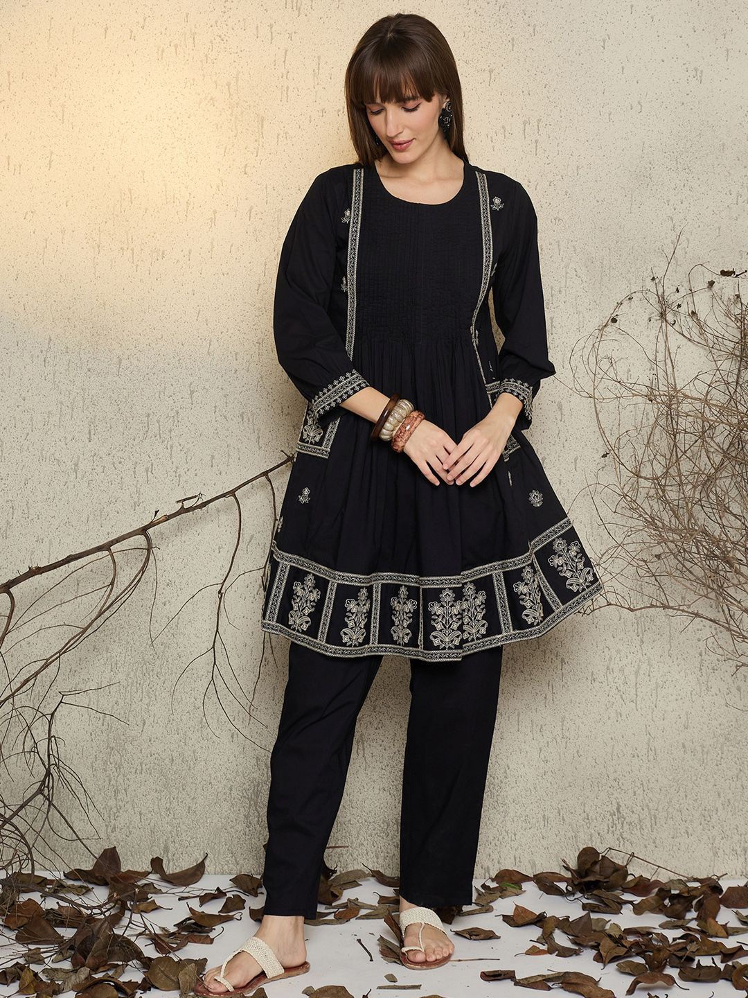 Women Ethnic Motifs Embroidered Pure Cotton A-Line Kurta with Pyjama