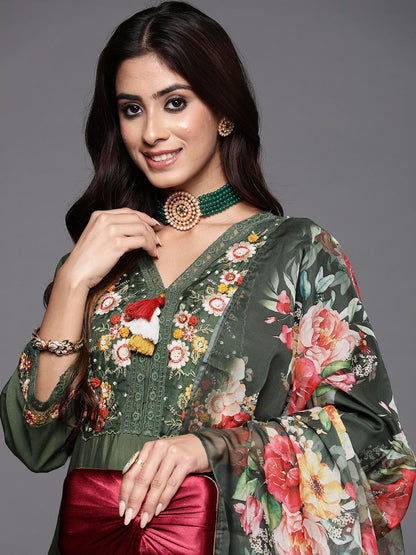 Dhiyona IE Women Floral Embroidered Regular Thread Work Kurta With Trousers & Dupatta