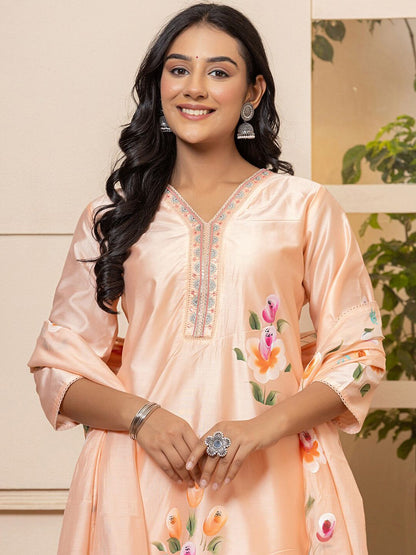 Floral Printed V-Neck Thread Work Straight Kurta with Trousers & Dupatta