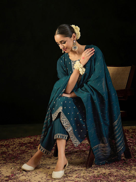 Dhiyona IE Round Neck Embroidered Sequinned Chanderi Silk Kurta with Trouser & Dupatta
