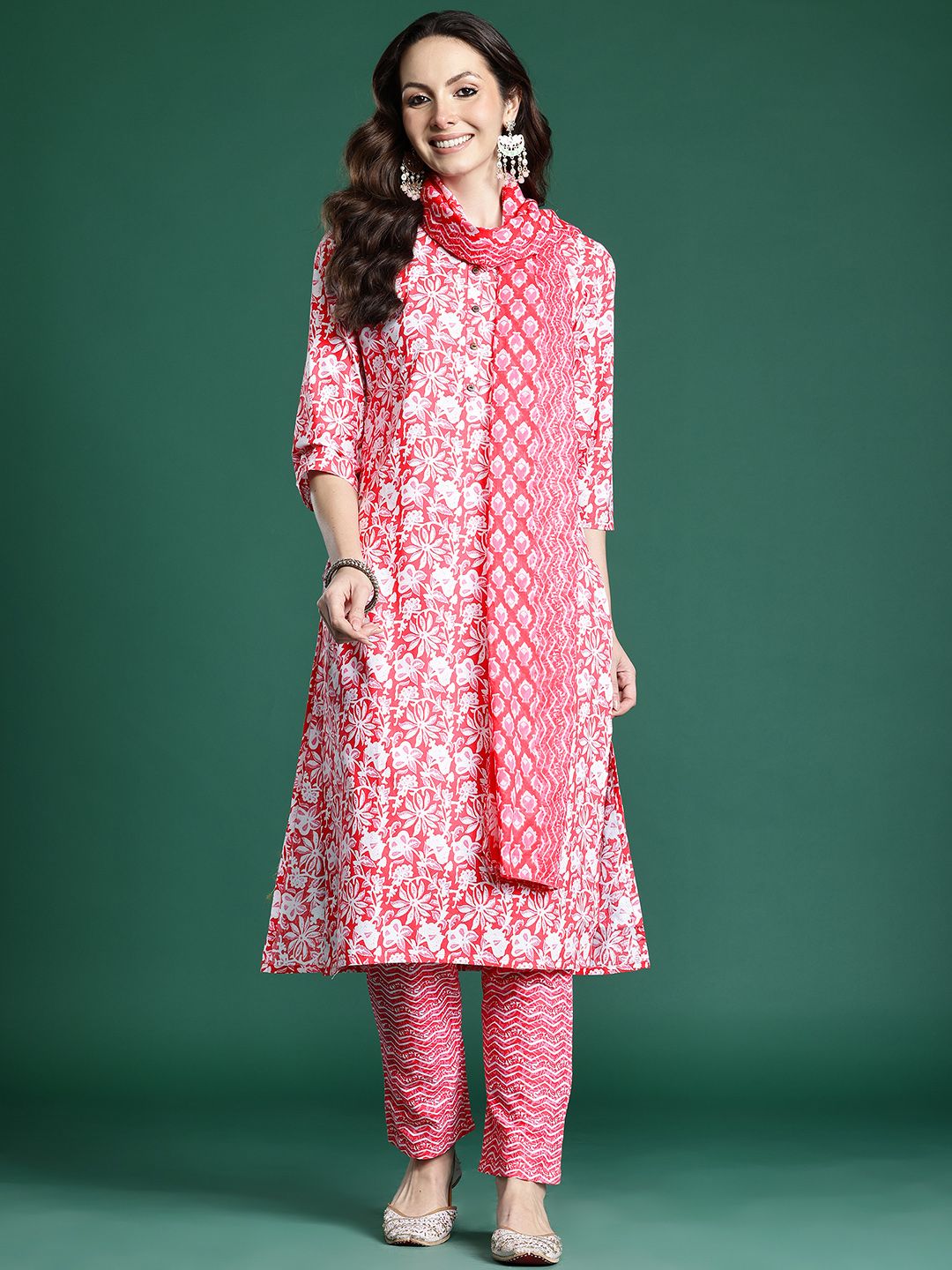Floral Printed Regular Pure Cotton Kurta with Trousers & Dupatta