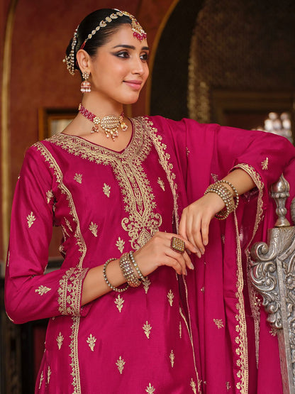 Adults-Women Woven Design Embroidered Kurta with Palazzos & Dupatta