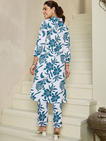 Floral Printed Shirt Collar Kurta With Trousers
