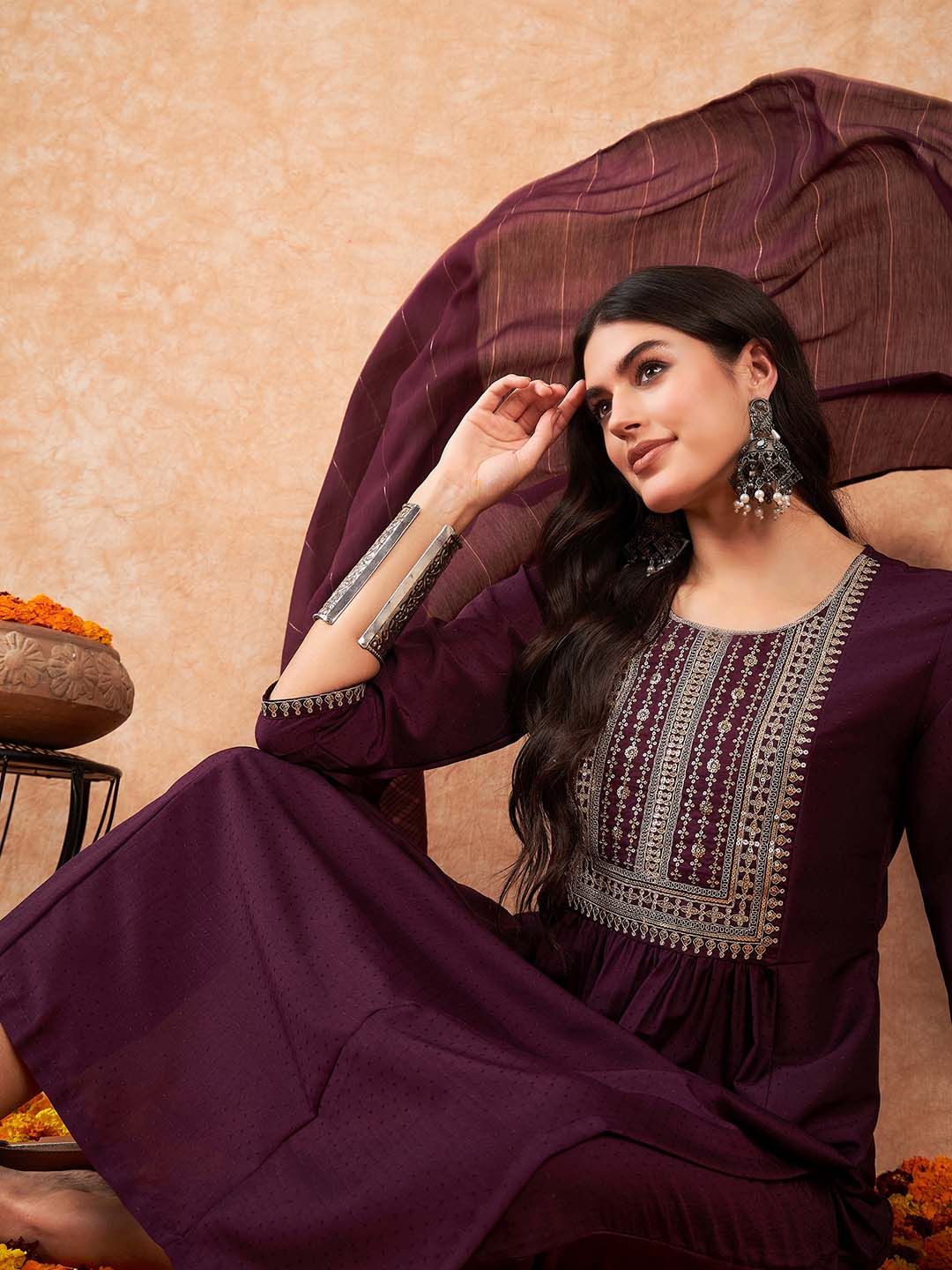 Women Yoke Design Empire Sequinned Kurta with Trousers & Dupatta