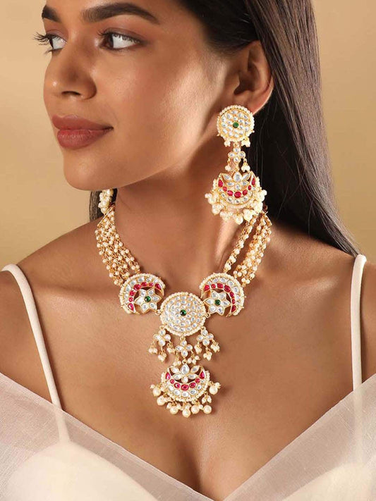 Dhiyona RJ Women's 24K Gold-Plated Kundan & Emerald, Ruby Pink Studded Pearl Beaded Bridal Choker Set