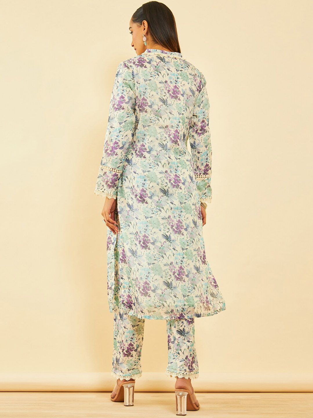 Dhiyona SO Women's Floral Printed Long Sleeves Straight Kurta With Trouser