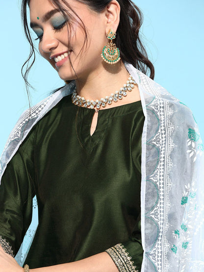 Women Green Embroidered Regular Sequinned Liva Kurta with Palazzos & With Dupatta