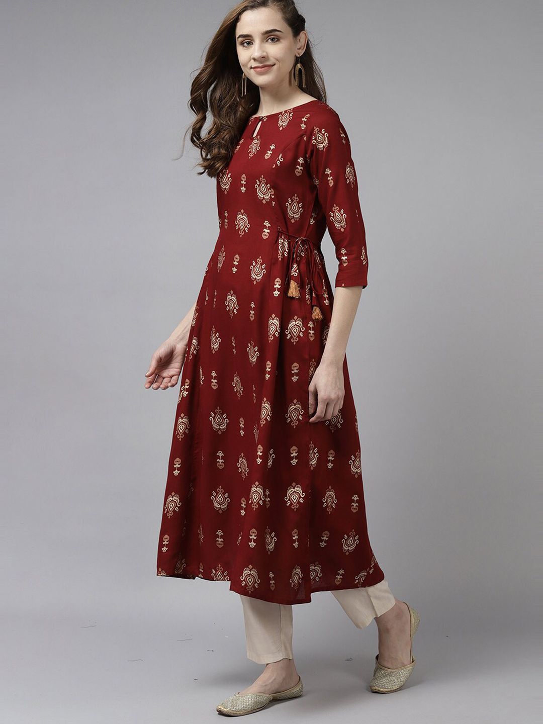 Dhiyona IE Women Maroon Ethnic Motifs Printed Keyhole Neck Anarkali Kurta