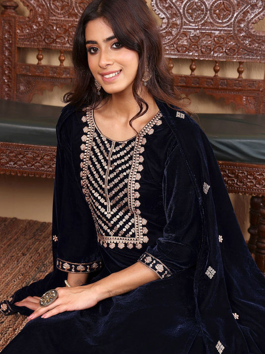 Dhiyona VA Women'sEthnic Motifs Embroidered Zari Velvet Kurta With Trousers And Dupatta