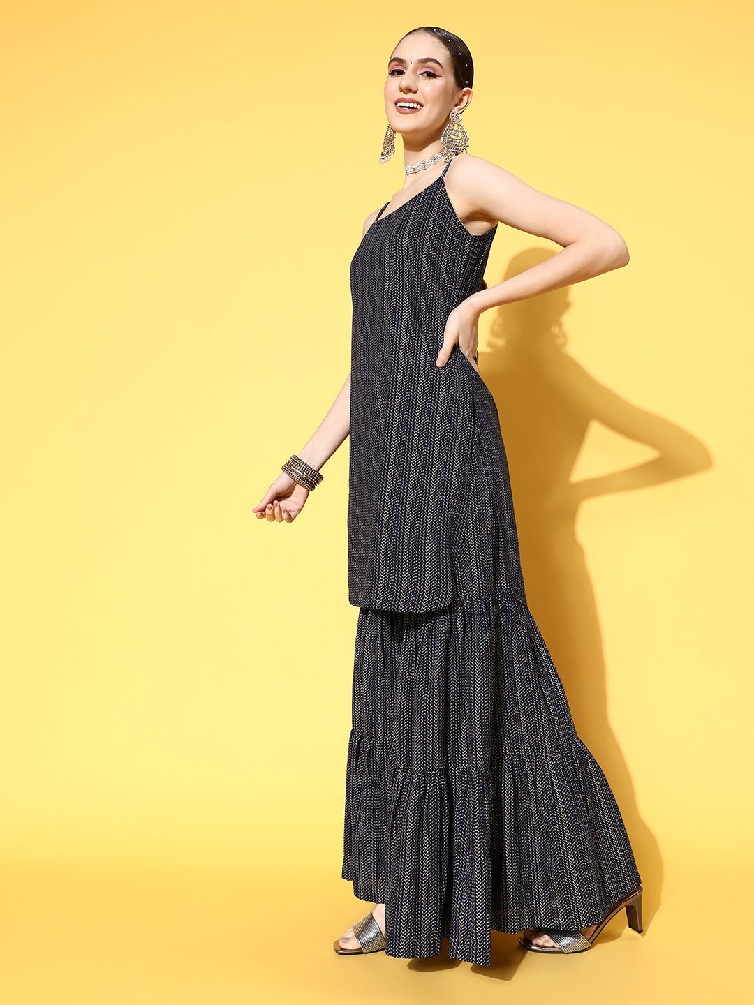 Dhiyona IE Women Navy Blue Printed Pure Cotton Kurta with Sharara