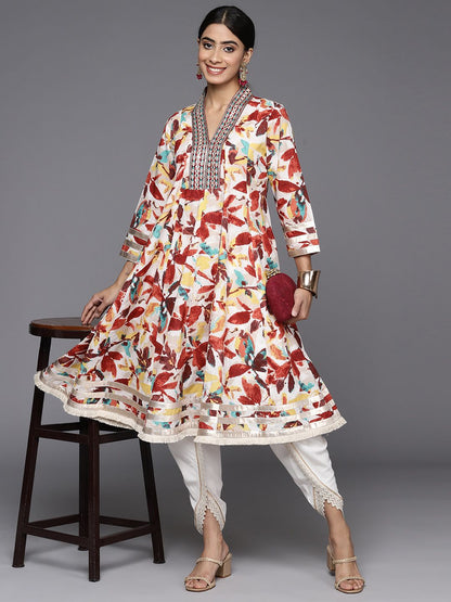 Dhiyona VA Women's Floral Printed Panelled Mirror Work Pure Cotton Kurta with Dhoti Pants