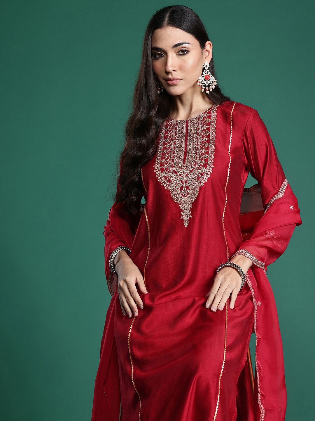 Women Ethnic Motifs Embroidered Panelled Liva Kurta with Trousers & With Dupatta