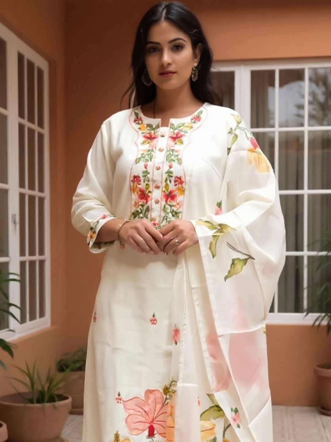 Dhiyona IE Floral Embroidered Thread Work Straight Kurta With Trousers & Dupatta