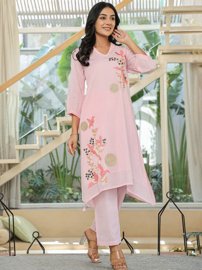 Women Floral Embroidered Regular Thread Work Pure Cotton Kurta with Trousers