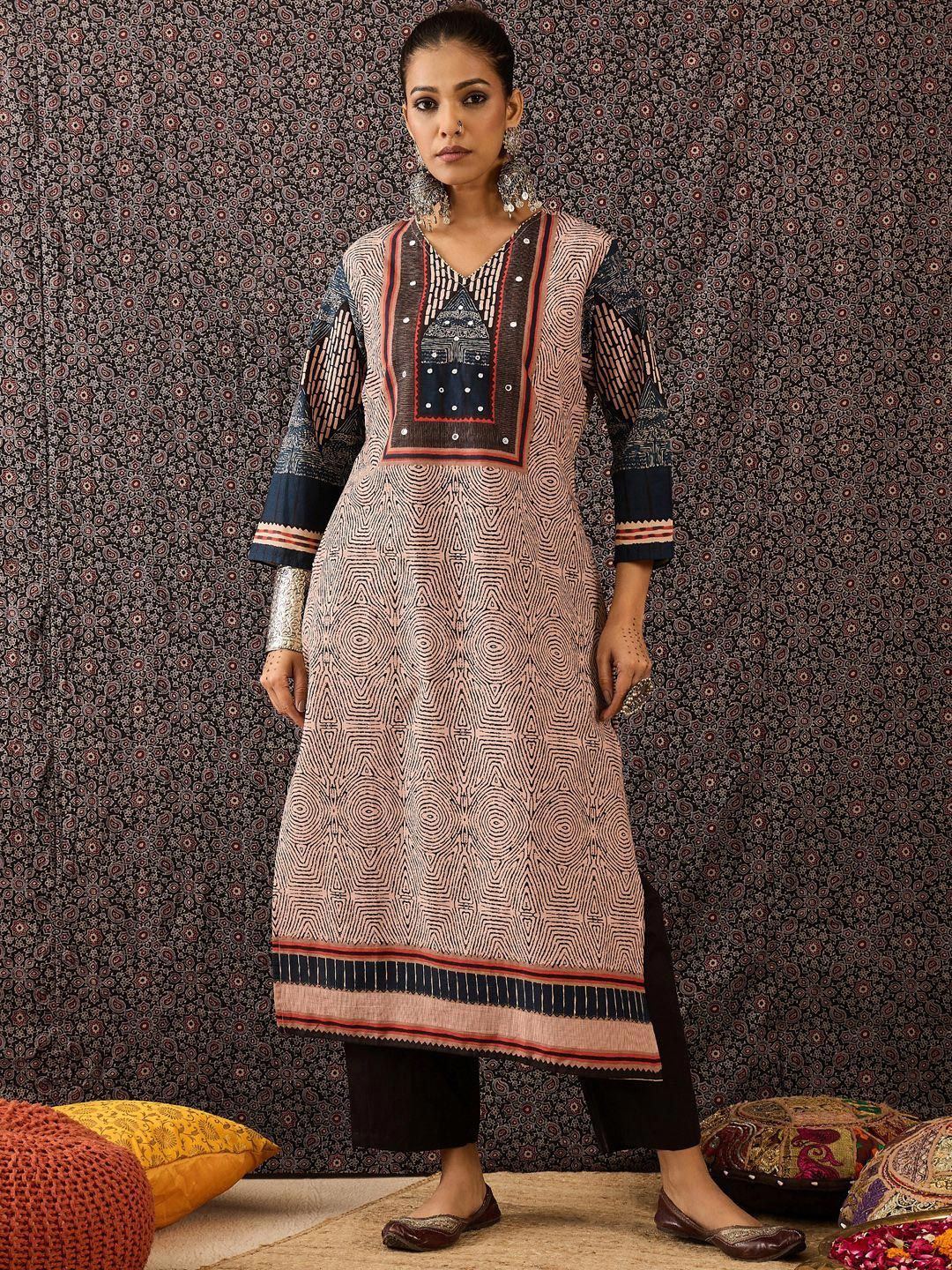 Dhiyona IE Women Ethnic Motifs Printed Regular Beads and Stones Pure Cotton Kurta with Trousers & With Dupatta