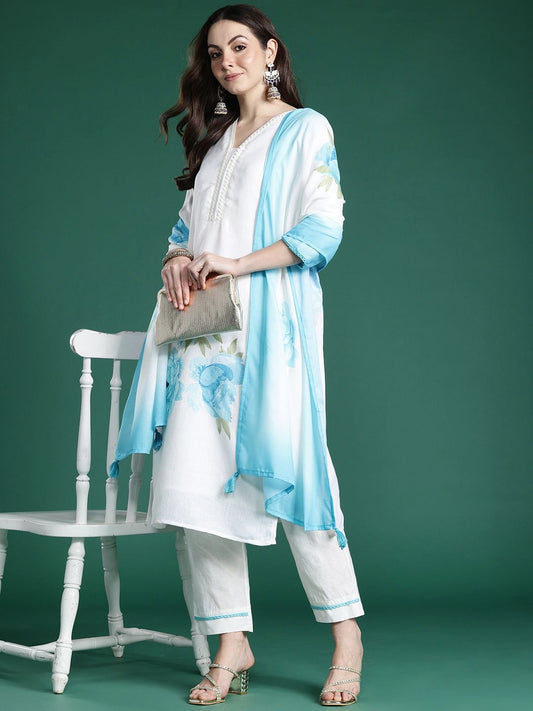 Dhiyona IE Floral Printed Sequinned Linen Kurta with Trousers & With Dupatta