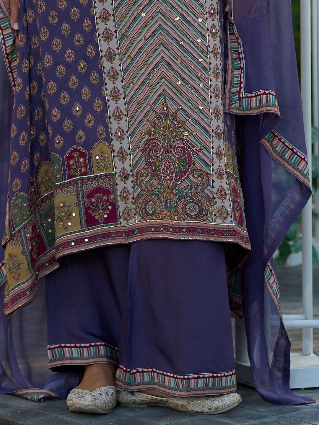 Floral Printed Mirror Work Liva Kurta with Palazzos & Dupatta