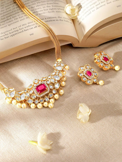 Dhiyona RJ Women's 22K Gold-Plated Ruby & Cubic Zirconia Studded Necklace Set with Pearl Accents