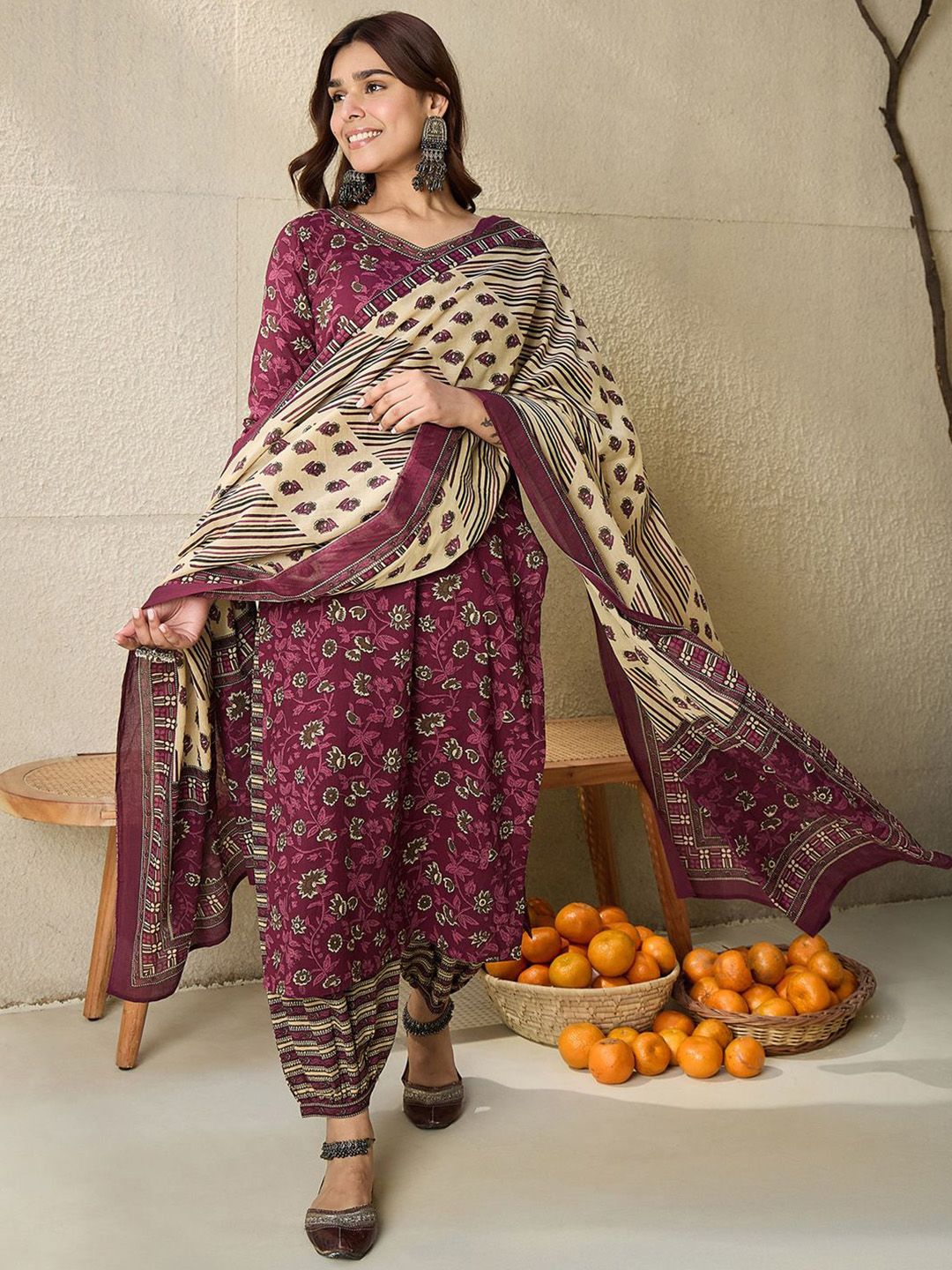 Floral Printed V Neck Pure Cotton Kurta With Salwar & Dupatta