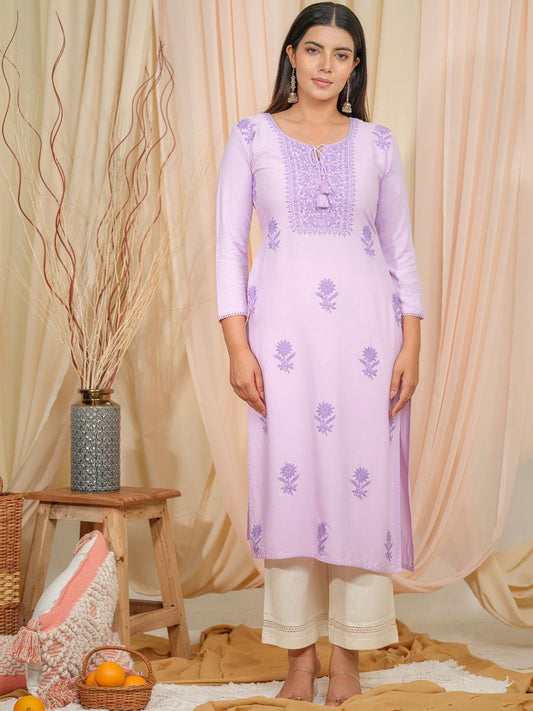 Dhiyona OD  Floral Embroidered Tie-Up Neck Straight Kurta
