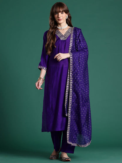 Dhiyona IE Ethnic Motifs Embroidered Thread Work Kurta With Trousers & Dupatta