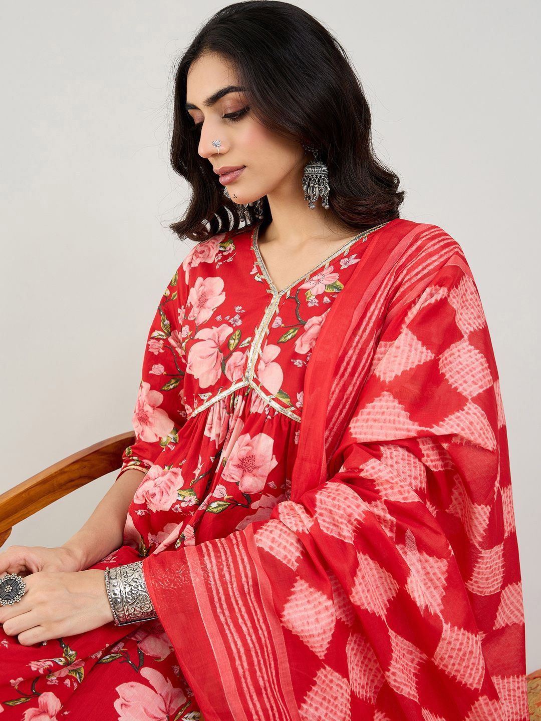 Dhiyona IE Floral Printed Empire Gotta Patti Pure Cotton Kurta & Trousers & Dupatta
