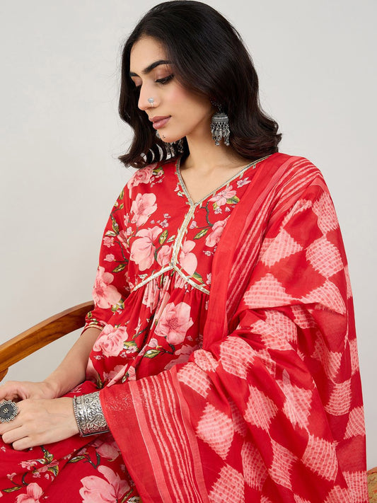 Dhiyona IE Floral Printed Empire Gotta Patti Pure Cotton Kurta & Trousers & Dupatta