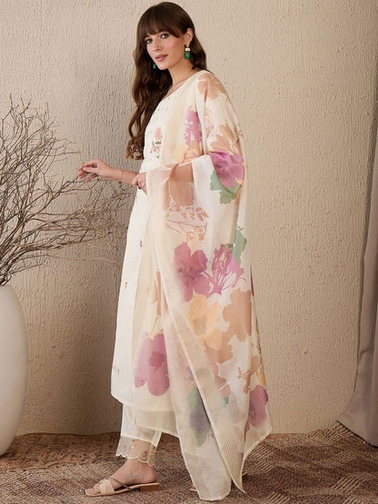 Dhiyona IE Women Floral Embroidered Regular Mirror Work Chanderi Silk Kurta with Trousers & With Dupatta
