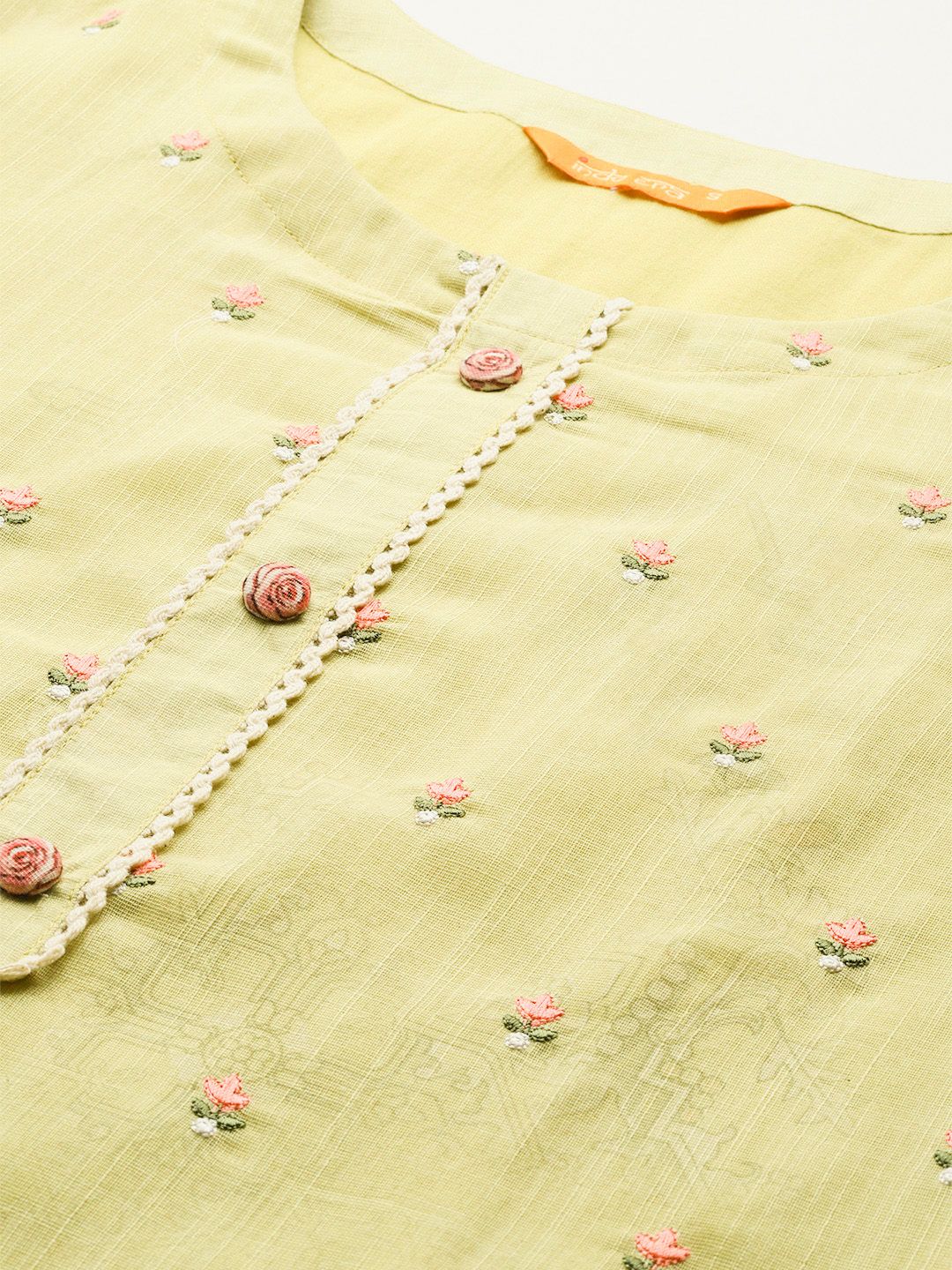 Floral Embroidered Thread Work Linen Kurta with Trousers & With Dupatta