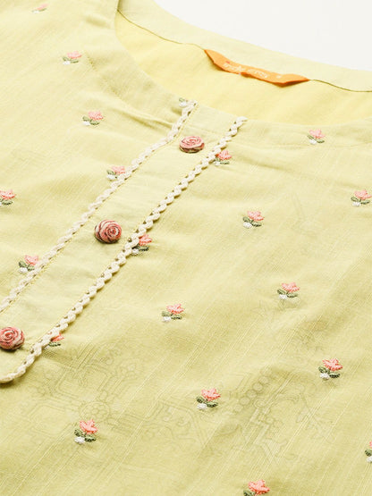 Floral Embroidered Thread Work Linen Kurta with Trousers & With Dupatta