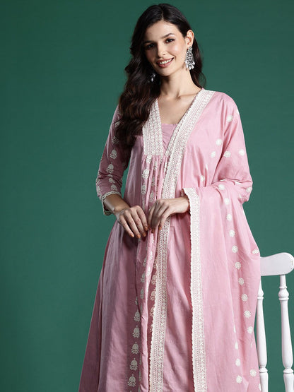 Ethnic Motifs Embroidered Pleated Thread Work Pure Cotton Kurta Set