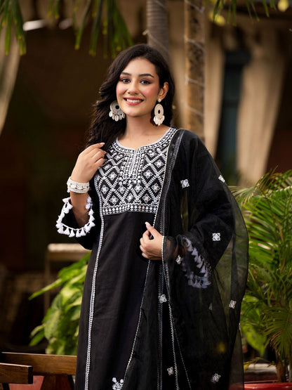 Dhiyona VA Women'sEthnic Motif Thread Embroidered A-Line Kurta With Afghani Trousers & Dupatta