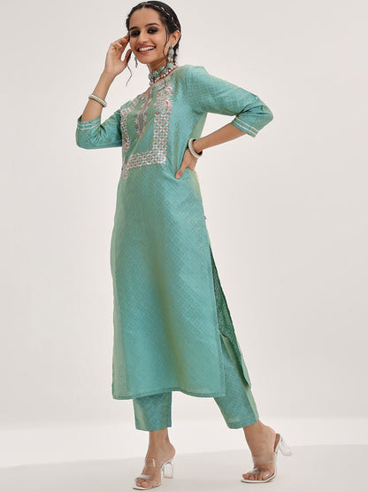 Dhiyona VA Women'sFloral Yoke Design Gotta Patti Kurta & Trousers With Dupatta